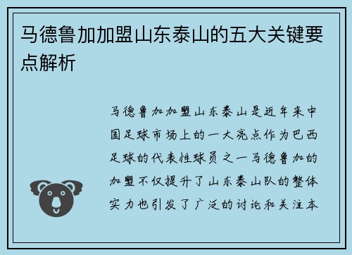 马德鲁加加盟山东泰山的五大关键要点解析 马德鲁加加盟山东泰山的五大关键要点解析